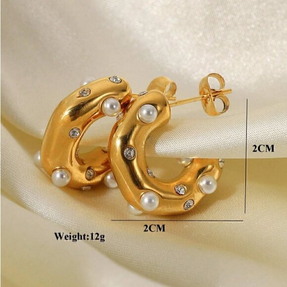 Cubic Zirconia & Faux Pearl Decor Cuff Hoop Earrings - Picture 2 of 4